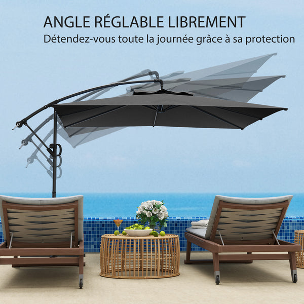 Parasol déporté carré 3 x 3 m, parasol de jardin extérieur avec manivelle, base croisée, parasol inclinable et rotation à 360°, toile polyester 180 g/m², protection UV UPF50+, gris foncé