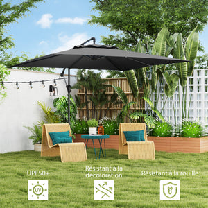 Parasol déporté carré 3 x 3 m, parasol de jardin extérieur avec manivelle, base croisée, parasol inclinable et rotation à 360°, toile polyester 180 g/m², protection UV UPF50+, gris foncé