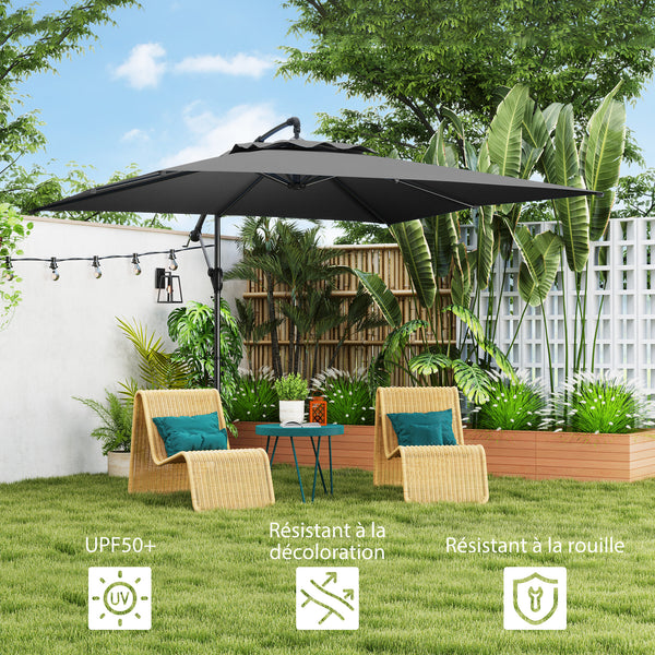 Parasol déporté carré 3 x 3 m, parasol de jardin extérieur avec manivelle, base croisée, parasol inclinable et rotation à 360°, toile polyester 180 g/m², protection UV UPF50+, gris foncé