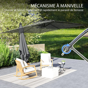 Parasol déporté carré 3 x 3 m, parasol de jardin extérieur avec manivelle, base croisée, parasol inclinable et rotation à 360°, toile polyester 180 g/m², protection UV UPF50+, gris foncé