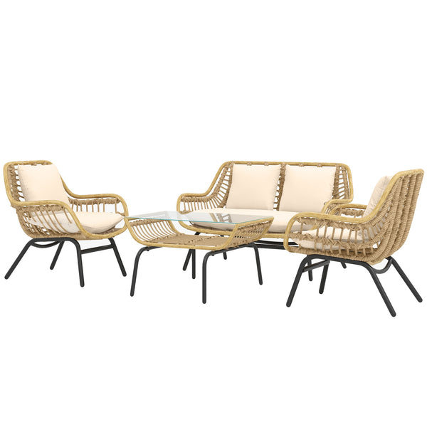 Salon de jardin 4 pers. 4 pièces style exotique métal époxy résine imitation coussins grand confort inclus polyester beige
