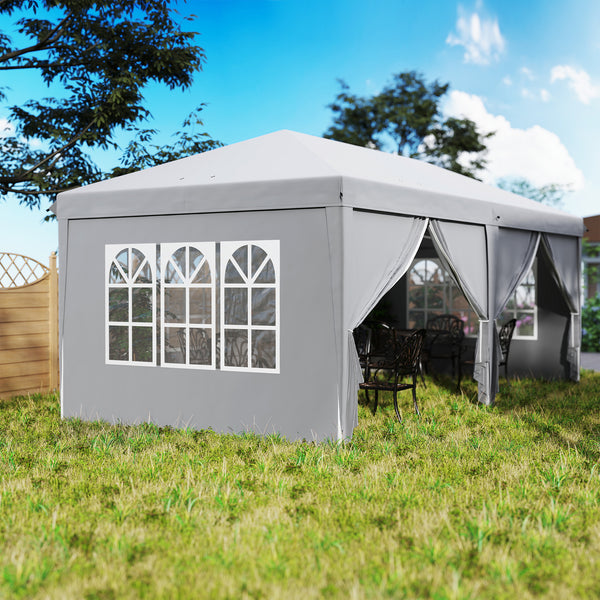 Tonnelle de jardin pliante 6 x 3 m tonnelle de jardin extérieure barnum pliant pop-up imperméabilisé 4 parois latérales amovibles 4 fenêtres + sac de transport gris clair