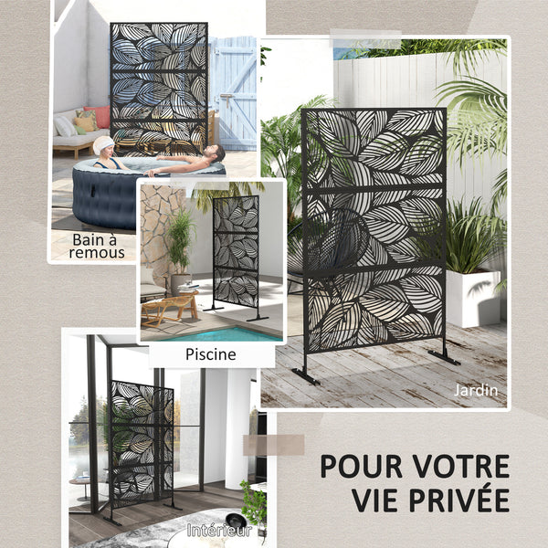 Panneau brise vue décoratif paravent extérieur noir à motif végétal en acier - 122 x 45 x 198 cm, noir