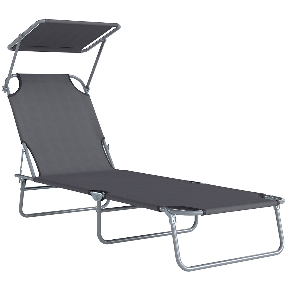 Transat Bain de Soleil Pliable Chaise Longue Pliante Grand Confort Dossier Inclinable Multi-positions et Pare-Soleil Réglable 187L x 58l x 36H cm Gris