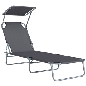 Transat Bain de Soleil Pliable Chaise Longue Pliante Grand Confort Dossier Inclinable Multi-positions et Pare-Soleil Réglable 187L x 58l x 36H cm Gris