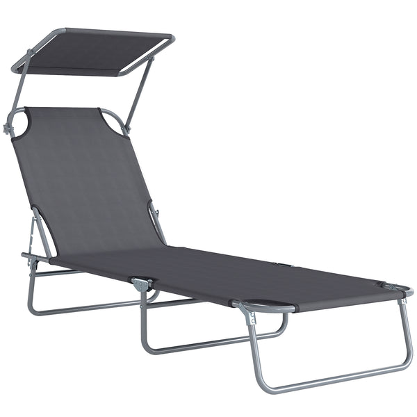 Transat Bain de Soleil Pliable Chaise Longue Pliante Grand Confort Dossier Inclinable Multi-positions et Pare-Soleil Réglable 187L x 58l x 36H cm Gris