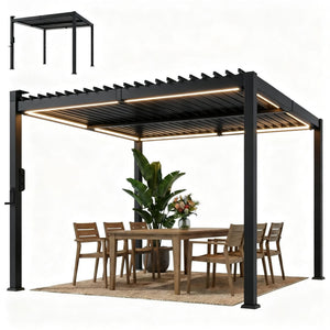 Pergola bioclimatique 3x3m avec lumières LED solaires, pergola à lames orientables, toit métallique, gouttières, manivelle, tonnelle de jardin abri terrasse, protection soleil, noir
