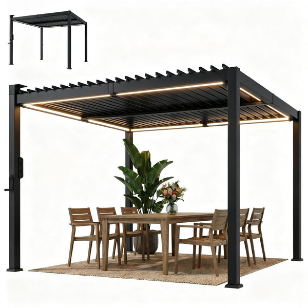 Pergola bioclimatique 3x3m avec lumières LED solaires, pergola à lames orientables, toit métallique, gouttières, manivelle, tonnelle de jardin abri terrasse, protection soleil, noir