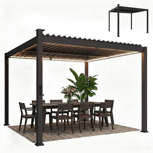 Pergola bioclimatique 3x3m avec lumières LED solaires, pergola à lames orientables, toit métallique, gouttières, manivelle, tonnelle de jardin abri terrasse, protection soleil, noir
