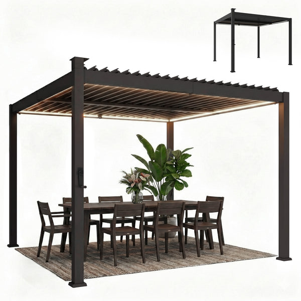 Pergola bioclimatique 3x3m avec lumières LED solaires, pergola à lames orientables, toit métallique, gouttières, manivelle, tonnelle de jardin abri terrasse, protection soleil, noir