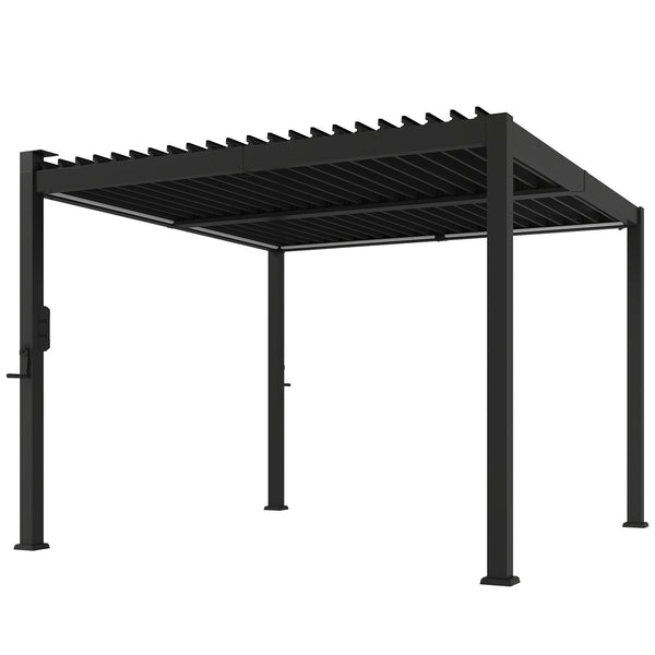 Pergola bioclimatique 3x3m avec lumières LED solaires, pergola à lames orientables, toit métallique, gouttières, manivelle, tonnelle de jardin abri terrasse, protection soleil, noir