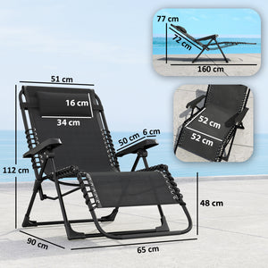 Lot de 2 bain de soleil, chaise longue pliante avec appuie-tête en textilène, transat jardin extérieur inclinable de plage camping piscine terrasse, 90 x 65 x 112 cm, noir