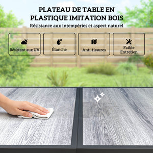 Ensemble de Salle à Manger Extérieur 7 Pièces pour 6 Personnes, Table de Patio Effet Bois et Chaises avec Assise en Maille Respirante, Mobilier de Jardin avec Cadre en Acier Galvanisé, Noir