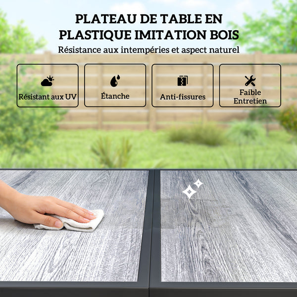 Ensemble de Salle à Manger Extérieur 7 Pièces pour 6 Personnes, Table de Patio Effet Bois et Chaises avec Assise en Maille Respirante, Mobilier de Jardin avec Cadre en Acier Galvanisé, Noir