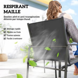 Ensemble de Salle à Manger Extérieur 7 Pièces pour 6 Personnes, Table de Patio Effet Bois et Chaises avec Assise en Maille Respirante, Mobilier de Jardin avec Cadre en Acier Galvanisé, Noir