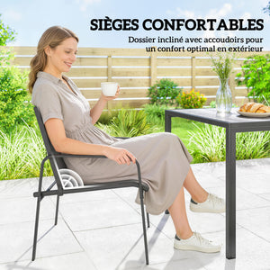 Ensemble de Salle à Manger Extérieur 7 Pièces pour 6 Personnes, Table de Patio Effet Bois et Chaises avec Assise en Maille Respirante, Mobilier de Jardin avec Cadre en Acier Galvanisé, Noir