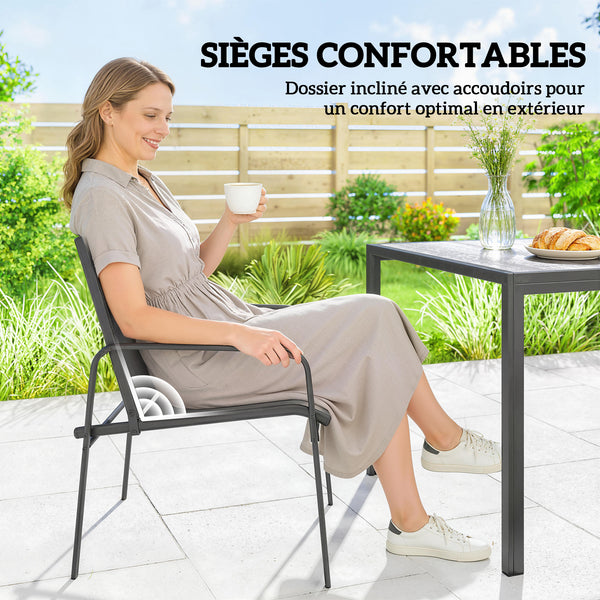 Ensemble de Salle à Manger Extérieur 7 Pièces pour 6 Personnes, Table de Patio Effet Bois et Chaises avec Assise en Maille Respirante, Mobilier de Jardin avec Cadre en Acier Galvanisé, Noir