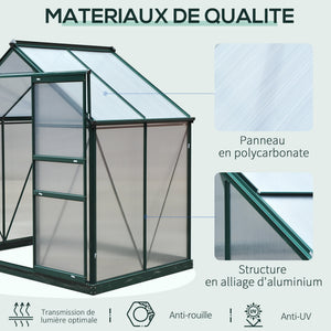 Serre de jardin polycarbonate 2,51 m² serre en aluminium pour le jardin 190 x 132 x 201 cm résistant aux UV, avec fondation renforcé, gouttière, lucarne et porte coulissant, Vert foncé