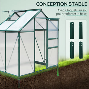 Serre de jardin polycarbonate 2,51 m² serre en aluminium pour le jardin 190 x 132 x 201 cm résistant aux UV, avec fondation renforcé, gouttière, lucarne et porte coulissant, Vert foncé