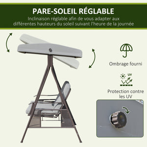 Balancelle de jardin 3 places grand confort toit inclinaison réglable coussins plateaux rétractables polyester filé gris clair