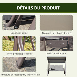 Balancelle de jardin 3 places grand confort toit inclinaison réglable coussins plateaux rétractables polyester filé gris clair