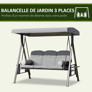 Balancelle de jardin 3 places grand confort toit inclinaison réglable coussins plateaux rétractables polyester filé gris clair