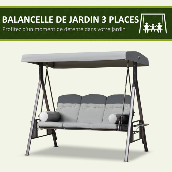 Balancelle de jardin 3 places grand confort toit inclinaison réglable coussins plateaux rétractables polyester filé gris clair