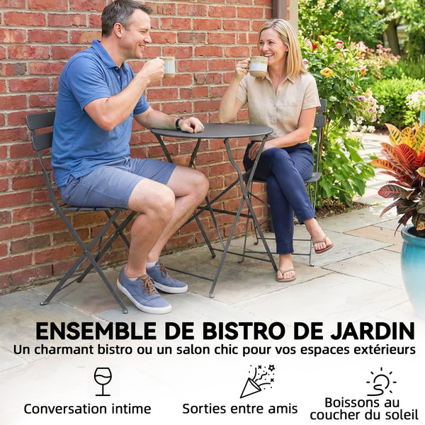Ensemble de Bistrot Jardin 3 Pièces - Table et 2 Chaises Pliantes en Métal avec Double Protection Anti-Rouille - Petit Salon de Balcon Design pour Terrasse et Extérieur, Gris Anthracite