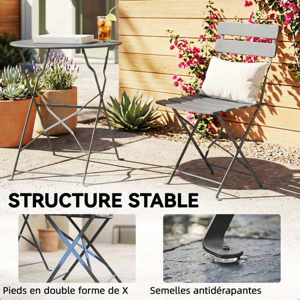 Ensemble de Bistrot Jardin 3 Pièces - Table et 2 Chaises Pliantes en Métal avec Double Protection Anti-Rouille - Petit Salon de Balcon Design pour Terrasse et Extérieur, Gris Anthracite
