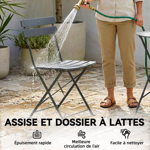 Ensemble de Bistrot Jardin 3 Pièces - Table et 2 Chaises Pliantes en Métal avec Double Protection Anti-Rouille - Petit Salon de Balcon Design pour Terrasse et Extérieur, Gris Anthracite