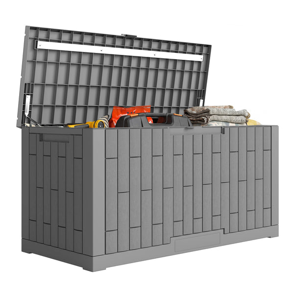 Coffre de Rangement Extérieur 379 L Verrouillable avec Vérin à Gaz, Boîte de Jardin en Aspect Bois Résistant aux UV, pour Outils Accessoires, 122,5x56x62cm, Gris