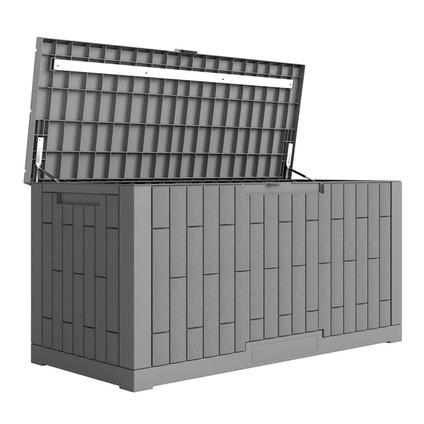 Coffre de Rangement Extérieur 379 L Verrouillable avec Vérin à Gaz, Boîte de Jardin en Aspect Bois Résistant aux UV, pour Outils Accessoires, 122,5x56x62cm, Gris