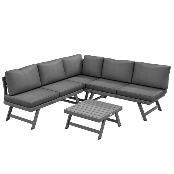 Salon de jardin extérieur d'angle et convertible 4 pièces avec 2 banquettes, 1 fauteuil d'angle et 1 table basse, aluminium et acier mobilier de jardin pour balcon terrasse, gris
