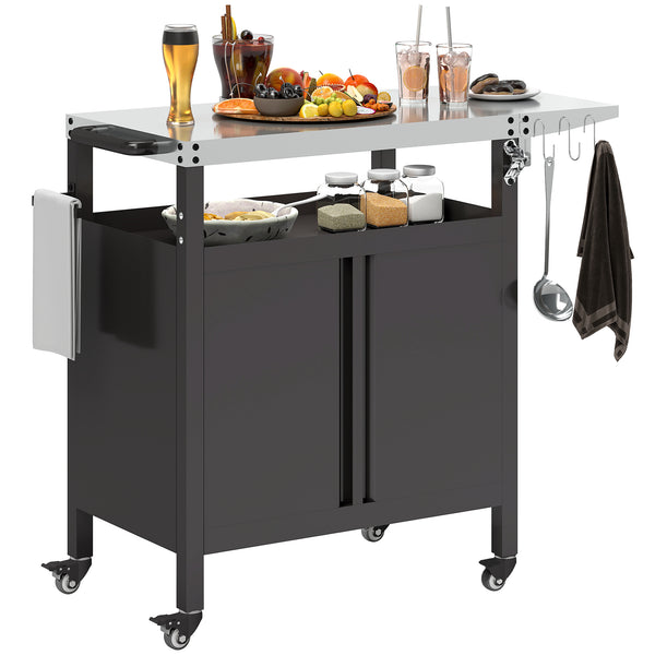 Desserte jardin chariot de barbecue avec tablette pliable, desserte pour plancha avec plateau en acier inoxydable et crochets, desserte extérieur à roulettes, 116 x 50 x 93 cm, noir