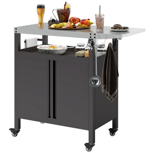 Desserte jardin chariot de barbecue avec tablette pliable, desserte pour plancha avec plateau en acier inoxydable et crochets, desserte extérieur à roulettes, 116 x 50 x 93 cm, noir