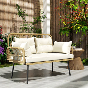 Canapé de jardin avec coussins et oreillers 2 places en résine tressée, canapé d'extérieur avec accoudoirs, cadre en acier galvanisé pour balcon, beige