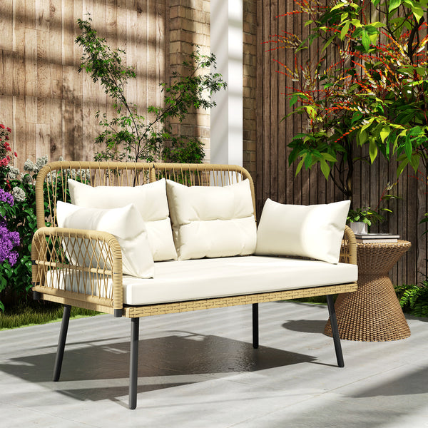 Canapé de jardin avec coussins et oreillers 2 places en résine tressée, canapé d'extérieur avec accoudoirs, cadre en acier galvanisé pour balcon, beige