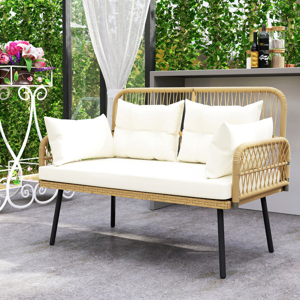 Canapé de jardin avec coussins et oreillers 2 places en résine tressée, canapé d'extérieur avec accoudoirs, cadre en acier galvanisé pour balcon, beige