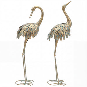 Lot de 2 Statues de Jardin, Sculpture de Héron en Métal, Statues d'oiseaux 91/95cm, pour Cour, Étang, Terrasse, or/bleu
