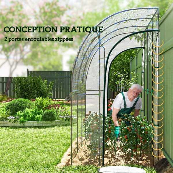 Serre de jardin adossée, serre de balcon, bâche renforcée PVC, châssis en acier, 2 portes zippées enroulables, pour légumes plantes fleurs, intérieur et extérieur, 214x118x212cm, transparent