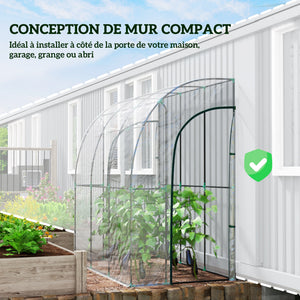 Serre de jardin adossée, serre de balcon, bâche renforcée PVC, châssis en acier, 2 portes zippées enroulables, pour légumes plantes fleurs, intérieur et extérieur, 214x118x212cm, transparent