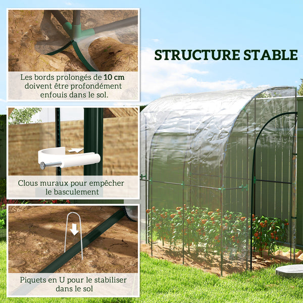 Serre de jardin adossée, serre de balcon, bâche renforcée PVC, châssis en acier, 2 portes zippées enroulables, pour légumes plantes fleurs, intérieur et extérieur, 214x118x212cm, transparent