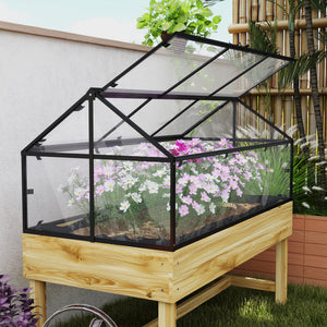 Mini Serre sur Pieds - jardinière surélevée - dim.  120L x 60l x 103H cm - double toit ouvrable Panneaux de Polycarbonate, acier, Bois Sapin traité