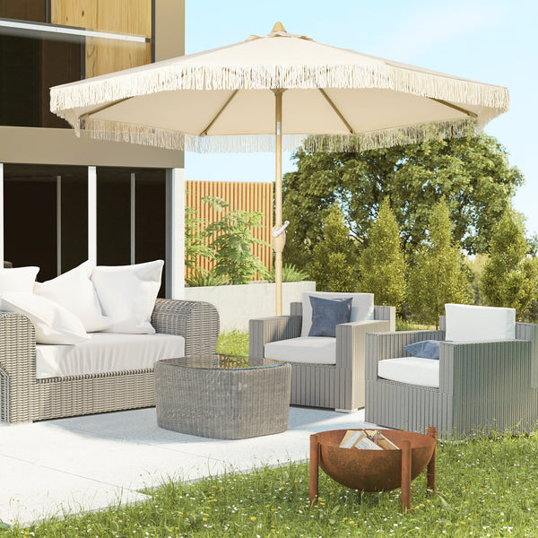 Parasol droit de jardin inclinable parasol avec manivelle à franges mât en métal style bohème 8 baleines Ø 265 x 244 cm crème