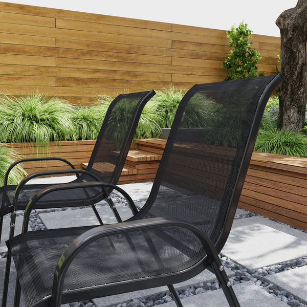 Lot de 4 chaises de jardin, chaises empilables, dossier haut incliné, tissu en maille respirante, cadre en acier, noir
