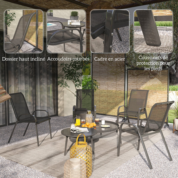 Lot de 4 chaises de jardin, chaises empilables, dossier haut incliné, tissu en maille respirante, cadre en acier, noir
