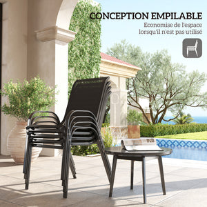 Lot de 4 chaises de jardin, chaises empilables, dossier haut incliné, tissu en maille respirante, cadre en acier, noir