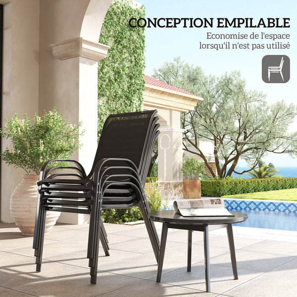 Lot de 4 chaises de jardin, chaises empilables, dossier haut incliné, tissu en maille respirante, cadre en acier, noir