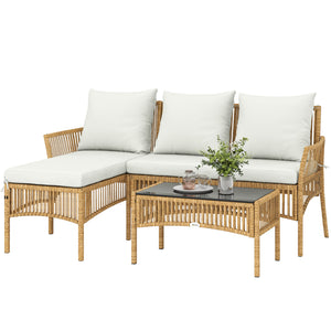 Salon de jardin extérieur d'angle 4 places en résine tressée, canapé 2 places, chaise longue, table basse, plateau en verre trempé et coussins, mobilier de jardin, terrasse, patio, crème