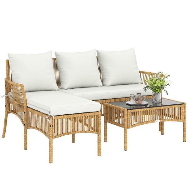 Salon de jardin extérieur d'angle 4 places en résine tressée, canapé 2 places, chaise longue, table basse, plateau en verre trempé et coussins, mobilier de jardin, terrasse, patio, crème